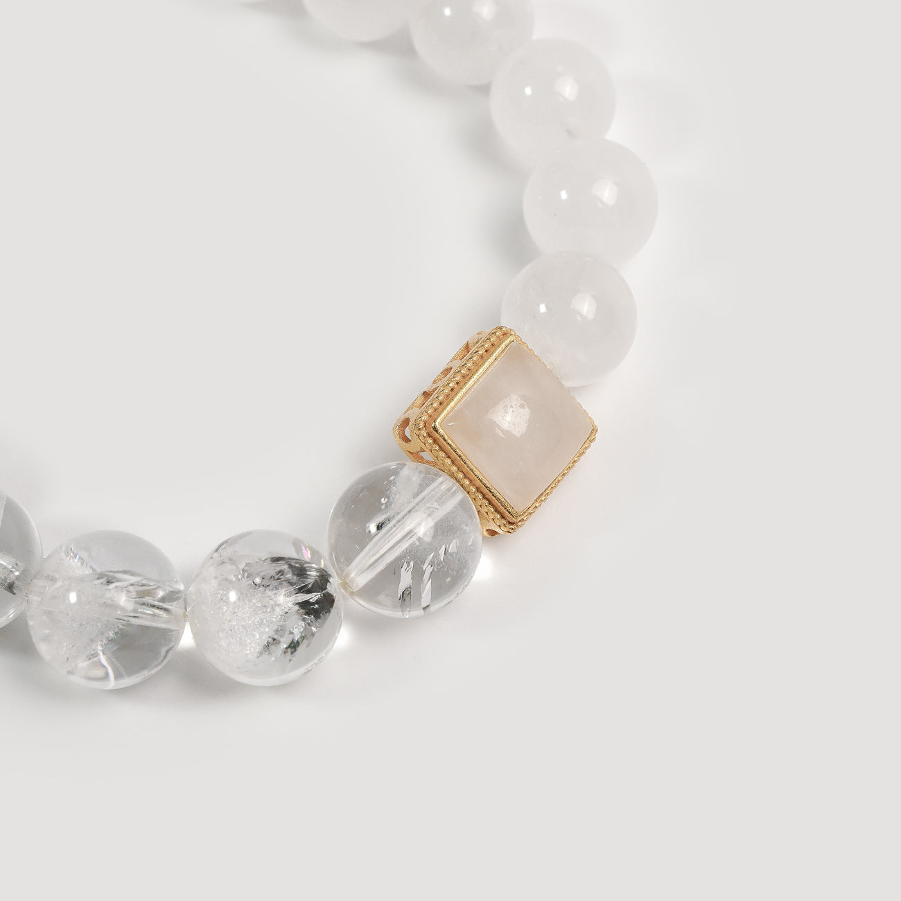 Mystic Purity Bracelet with White Phantom Quartz, Clear Quartz, and Gold Tassel