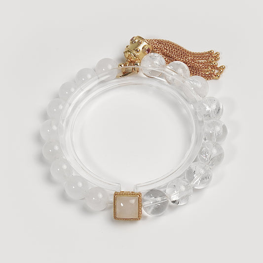 Mystic Purity Bracelet with White Phantom Quartz, Clear Quartz, and Gold Tassel