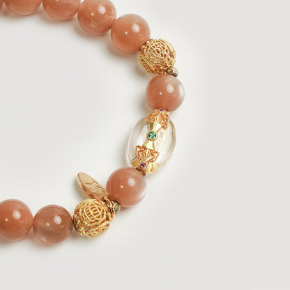 Golden Fortune - Orange Moonstone and Clear Quartz Bracelet