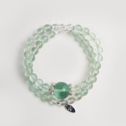 Tranquil Green Fluorite Double-Layer Bracelet | Rare Green Fluorite Paired with Clear Quartz for Elegance and Spirituality