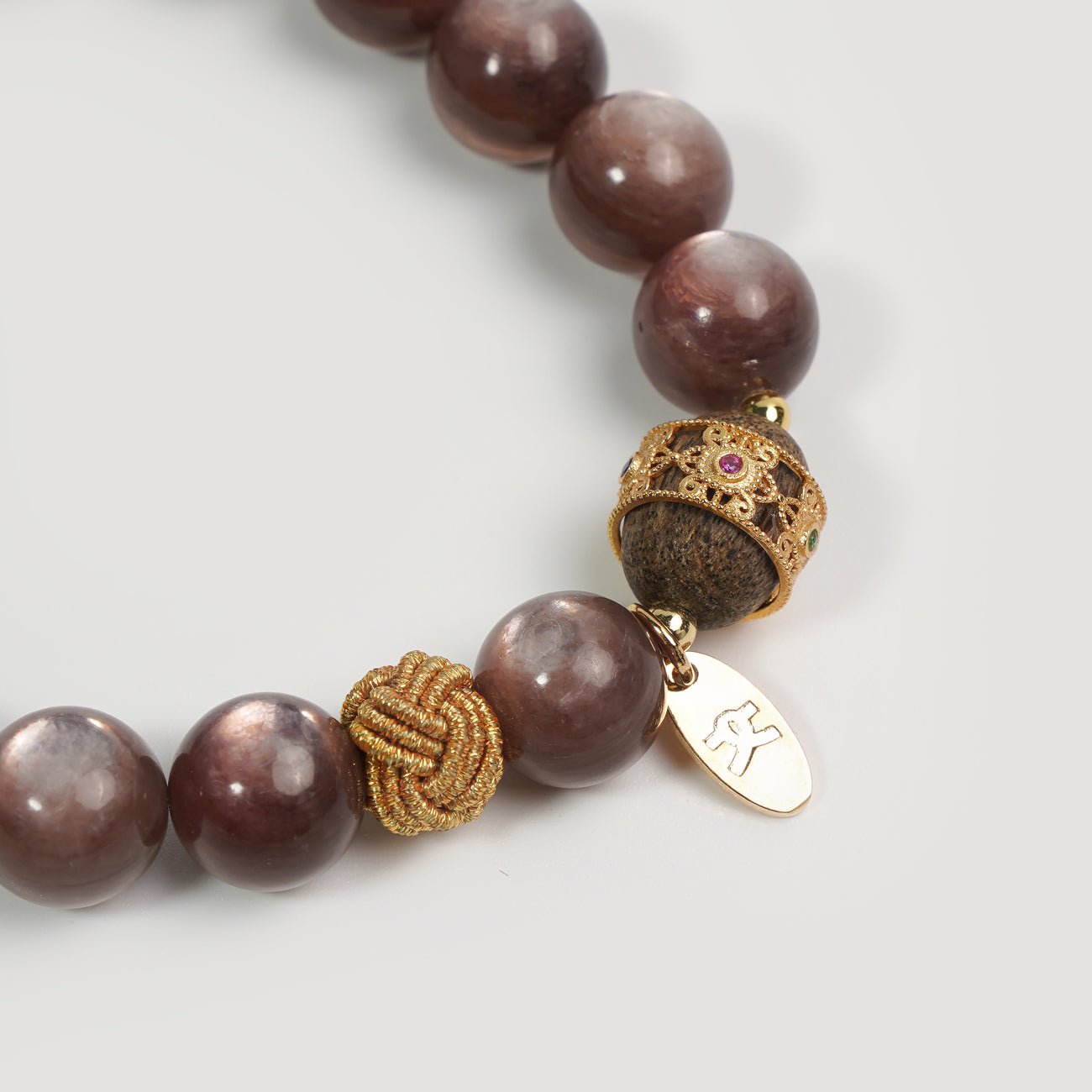 Golden Glow Lepidolite Bracelet | Handcrafted Elegance with Sandalwood and Golden Knot Details