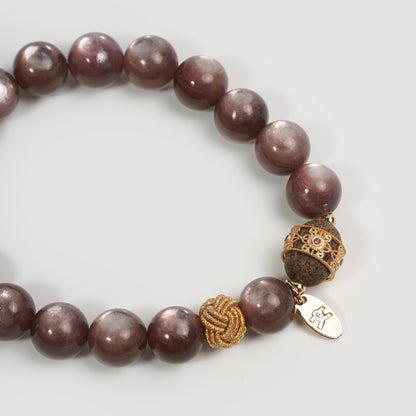 Golden Glow Lepidolite Bracelet | Handcrafted Elegance with Sandalwood and Golden Knot Details